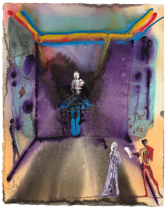 Salvador Dalí. Spanish, 1904–1989. Célise Receives Germeuil’s Letter , 1968. From the series “The Marquis de Sade”. Gouache on paper. Kasser Mochary Art. Foundation, Montclair, New Jersey. Photo courtesy Philbrook Museum of Art.