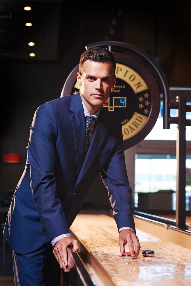 Jack Victor navy suit jacket, $598; Jack Victor suit trousers, $228; Canepa diamond print tie, $125; Saks Fifth Avenue striped twill dress shirt, $188; Torino black belt, $98; all from SAKS Fifth Avenue.