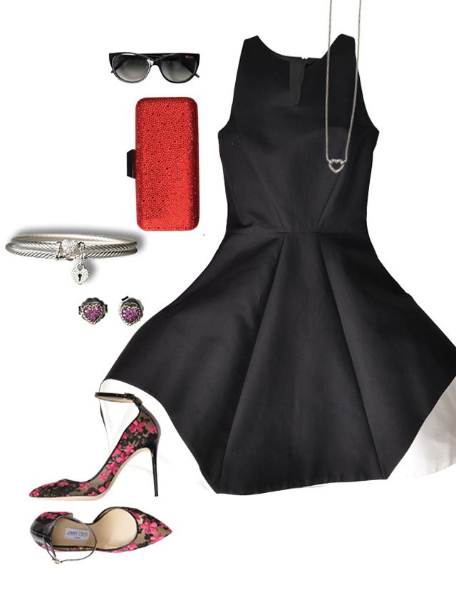 Halston Heritage organic colorblock black and white dress, $445; Jimmy Choo floral-embroidered lace D’Orsay pumps, $795; Long rectangular red clutch, $250, Saks Fifth Avenue. David Yurman diamond heart station necklace, $595; David Yurman dia heart lock cable bracelet, $575; David Yurman heart cable bracelet, $475; David Yurman pink sapphire chatelaine earrings, $695, Bruce G. Weber Precious Jewels. Robert Moore black sunglasses, $479, Visions.