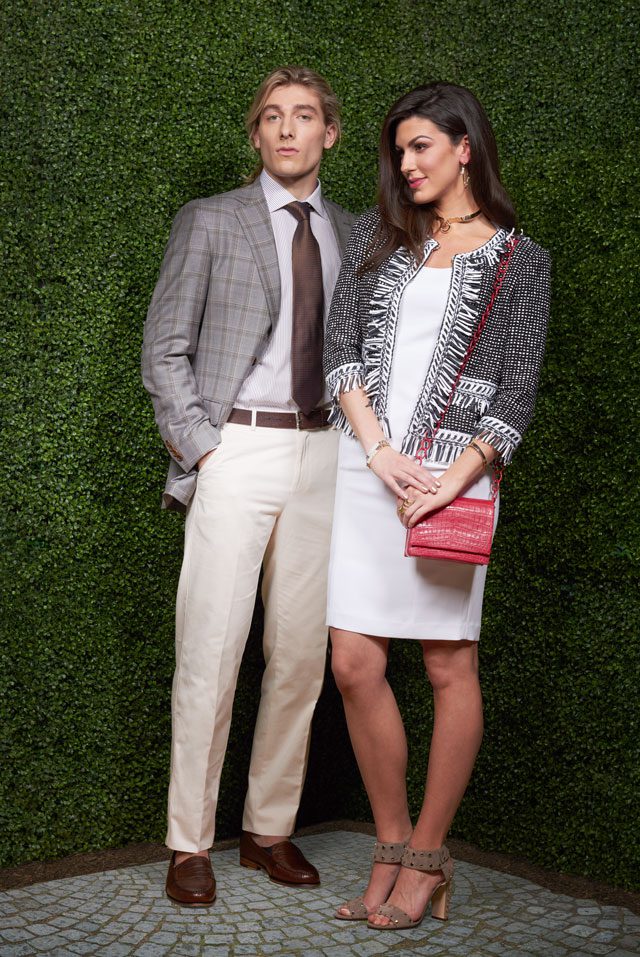 Left: Robert Talbott sport coat, $948; Robert Talbott dress shirt, $268; Carrot and Gibbs pocket square, $55; Robert Talbott Best of Class tie, $155; Peter Millar cotton pant, $125; W. Kleinberg belt, $150; Jackson Payne hand-burnished deerskin penny loafer, $300, Travers Mahan. Right: St. John sleeveless scoop neck dress, $795; St. John speckled tweed jacket, $1,595; Jimmy Choo veto studded suede block-heel sandals, $850; Nancy Gonzalez crocodile chain crossbody bag, $2,350; Alexis Bittar crystal hoop earrings, $145; Alexis Bittar Miss Havisham bar choker, $295; Adriana Orsini pave ID bracelets in gold and silver, $110 each; Alexis Bittar Miss Havisham bar bracelet, $175; Alexis Bittar liquid gold armor ring, $125, Saks Fifth Avenue. 
