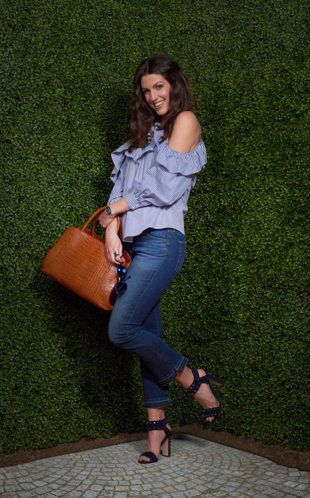 Parker striped cold shoulder top, $220; Adriano Goldschmied flared jeans, $198; Jimmy Choo veto studded suede block-heel sandals, $850; Nancy Gonzalez Erica crocodile tote, $3,950; Alexis Bittar elements lace agate and crystal three-strand necklace, $495; Alexis Bittar elements cushion crystal cuff, $225; Alexis Bittar liquid gold armor ring, $125, Saks Fifth Avenue. Face a Face Bocca Divine 1 marble sunglasses, $530, Hicks Brunson.