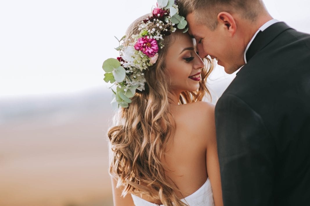 portrait of a girl and couples looking for a wedding dress, a pi