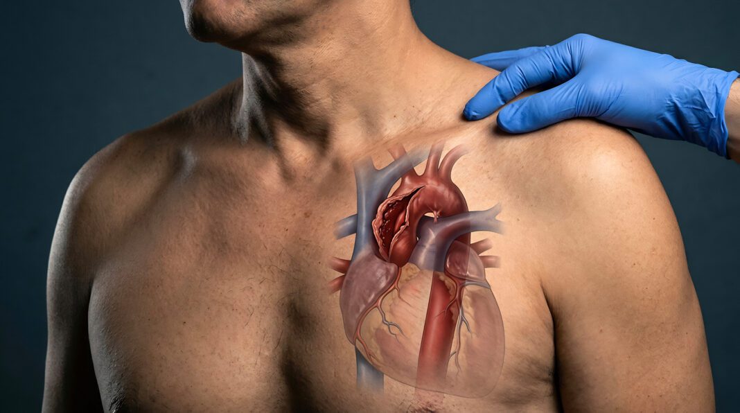 Anatomical illustration of a human heart with aortic dissection